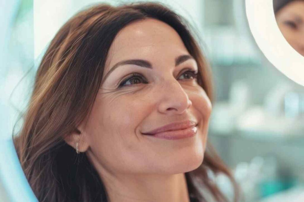 Visible nasolabial folds (smile lines